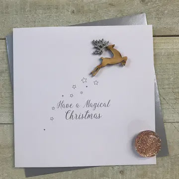 Christmas Card: Magical Christmas Wooden Reindeer Hand Decorated - White Cotton Cards