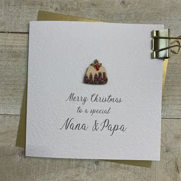 Christmas Card: Nana & Papa Wooden Glittered Figgy Pudding Hand Decorated - White Cotton Cards