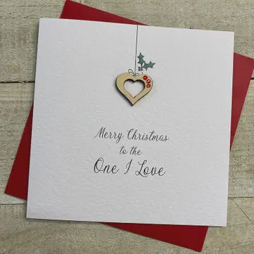 Christmas Card: One I Love Wooden Heart w Holly Hand Decorated - White Cotton Cards