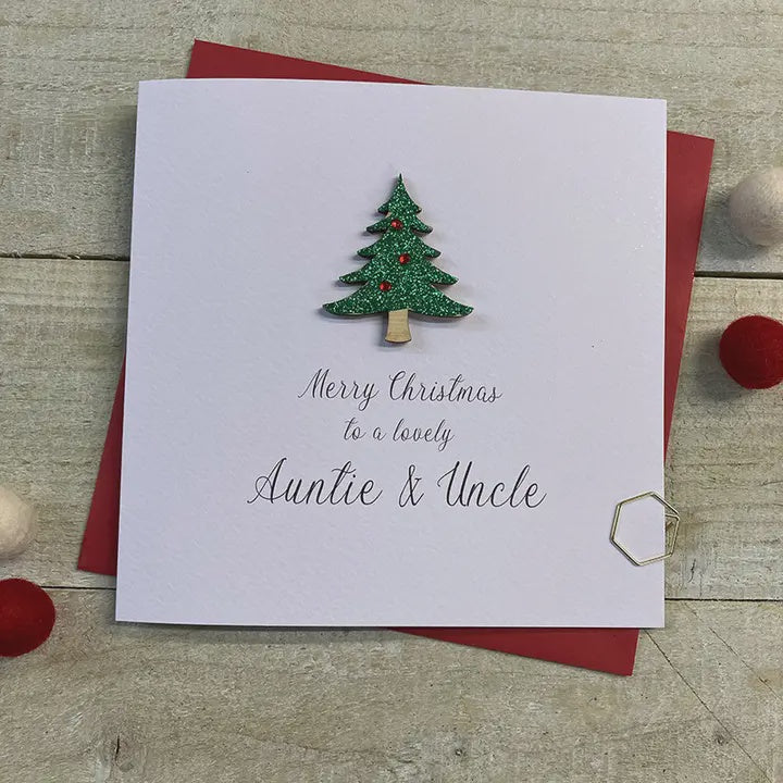 Christmas Card: Auntie & Uncle Wooden Xmas Tree Hand Decorated- White Cotton Cards