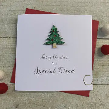 Christmas Card: Special Friend Wooden Xmas Tree Hand Decorated- White Cotton Cards