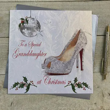 Christmas Card: Granddaughter Sparkle Shoes Hand Decorated- White Cotton Cards