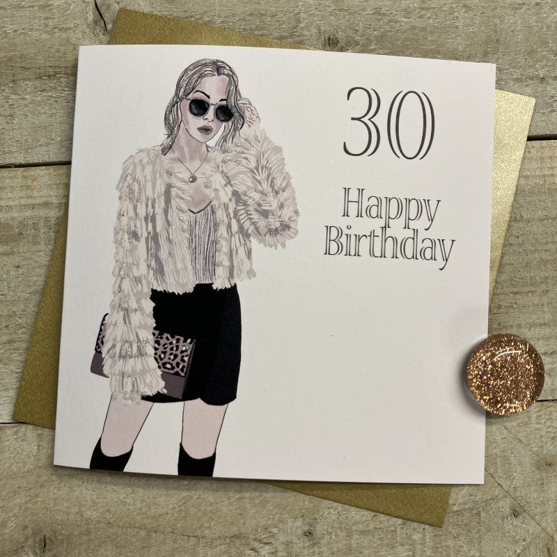 Age 30th Card: Girl With Bag Handmade Glitter - Grey - White Cotton Cards