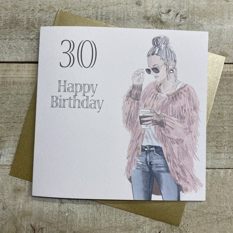 Age 30th Card: Girl Pink Coat & Coffee Handmade Crystals - Grey - White Cotton Cards