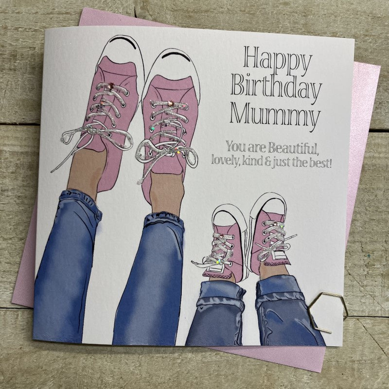 Mummy Card: Big Little Converse Shoes Handmade Crystals - Pink - White Cotton Cards