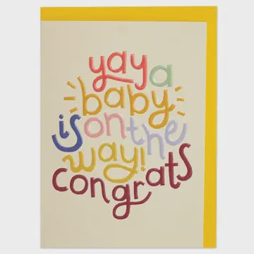 New Baby Card: Neutral Yay a Baby is on the way Bright - Multicolour - Raspberry Blossom
