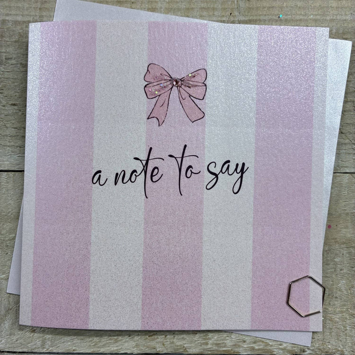 Sympathy Card: A Note To Say Striped Pink Bow - Hand Finished Crystals & Glitter  - White Cotton Cards