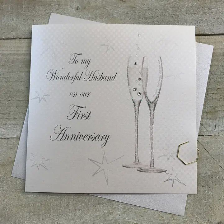Anniversary Card: 1st Husband Anniversary Champagne Glasses - White Cotton Cards