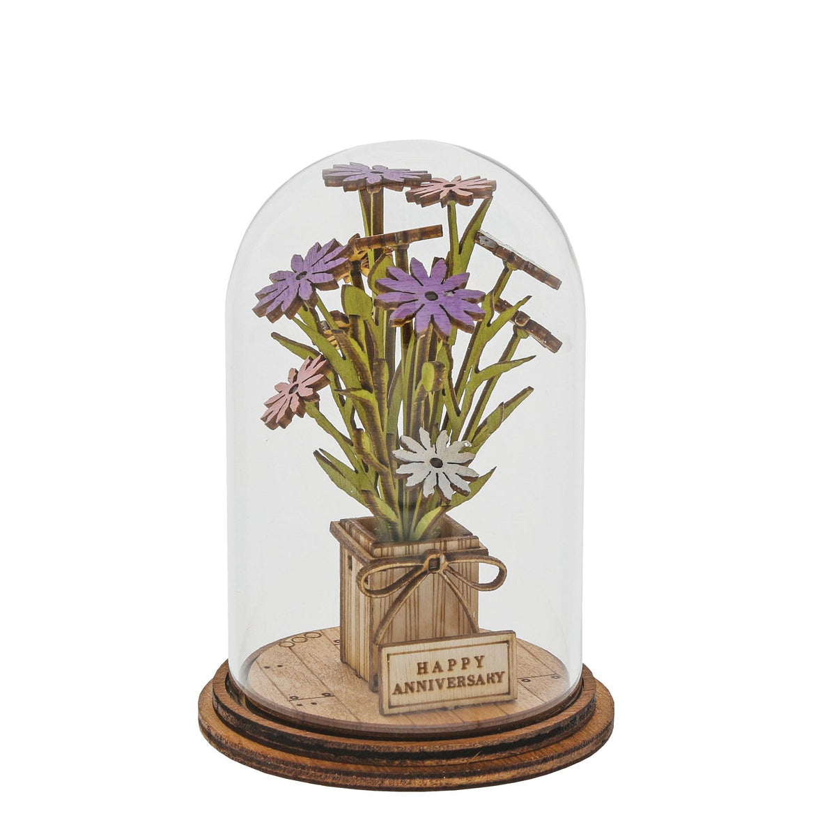 Ornament: Glass Dome Wood HAPPY ANNIVERSARY FLOWER FIG - Kloche