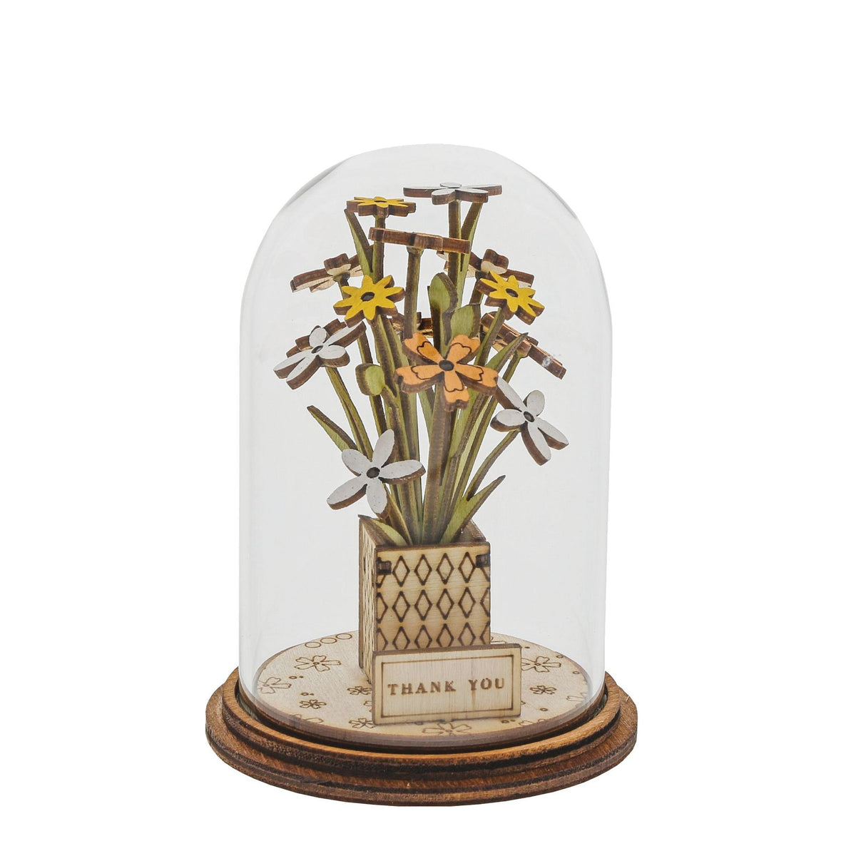 Ornament: Glass Dome Wood THANK YOU FLOWER FIGURINE - Kloche
