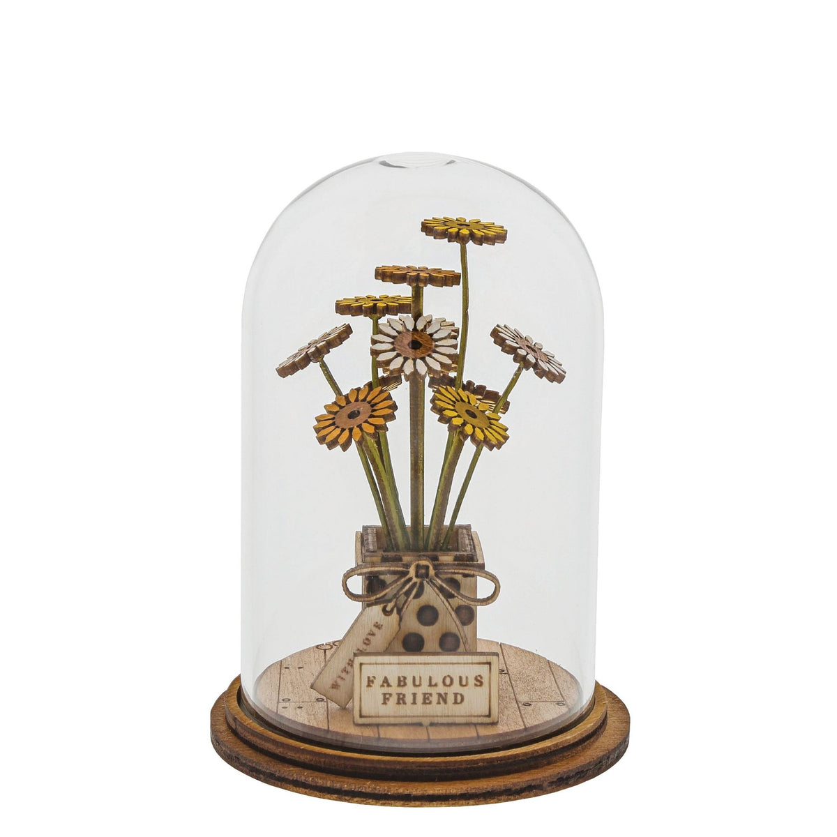 Ornament: Glass Dome Wood FRIEND FLOWER FIGURINE - Kloche