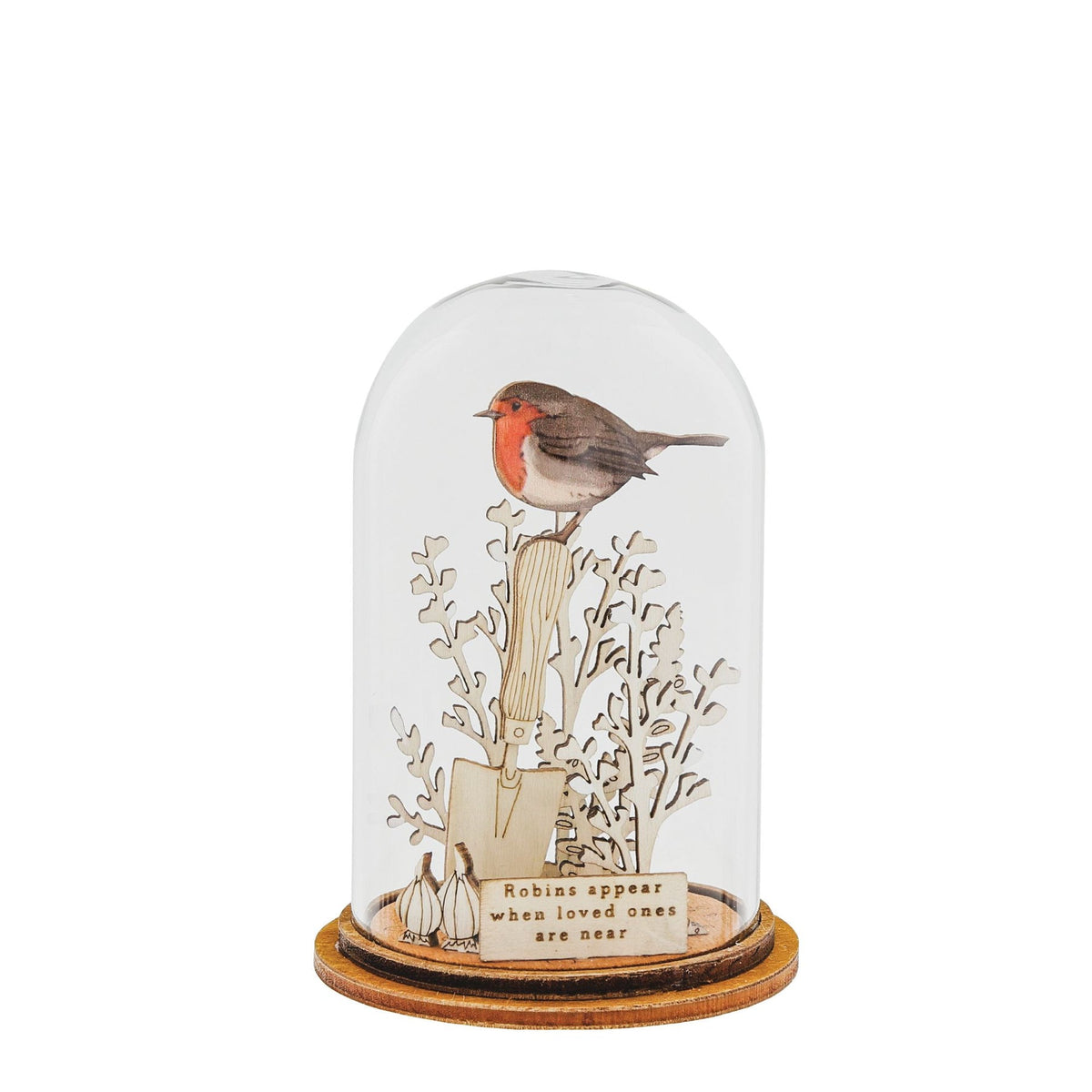 Ornament: Glass Dome Wood  LOVED ONES ARE NEAR  ROBIN -  - Kloche