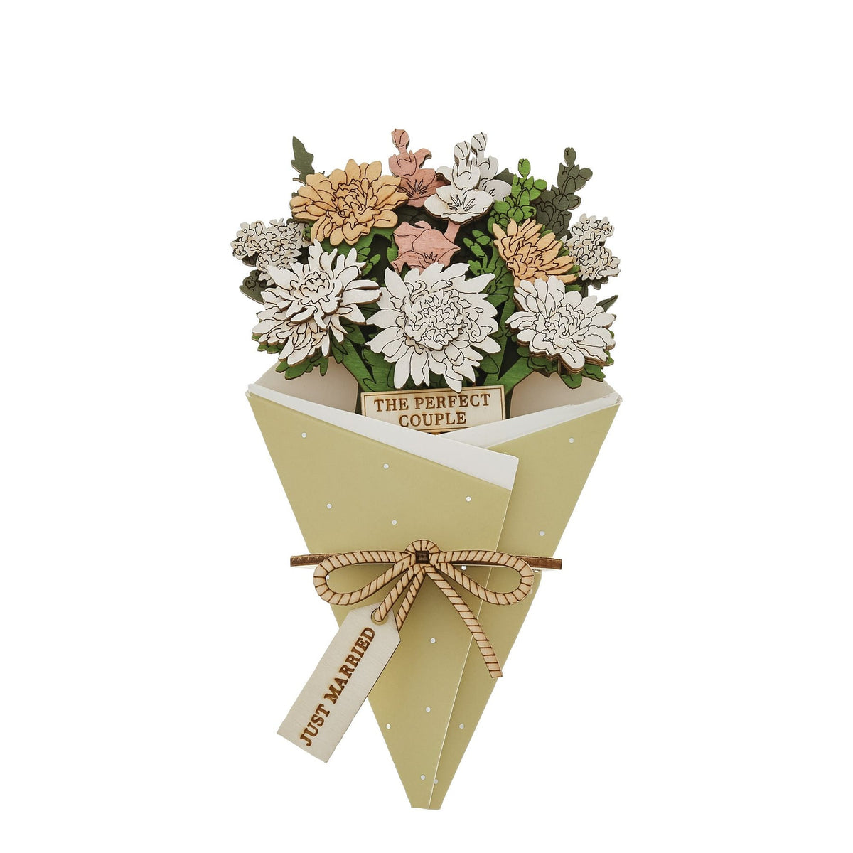 Ornament: Wood 3D Flower Card Just Married  - Natural - Wild & Wood