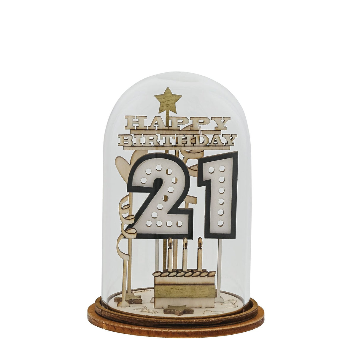 Ornament: Glass Dome Wood 21st Birthday  - Kloche