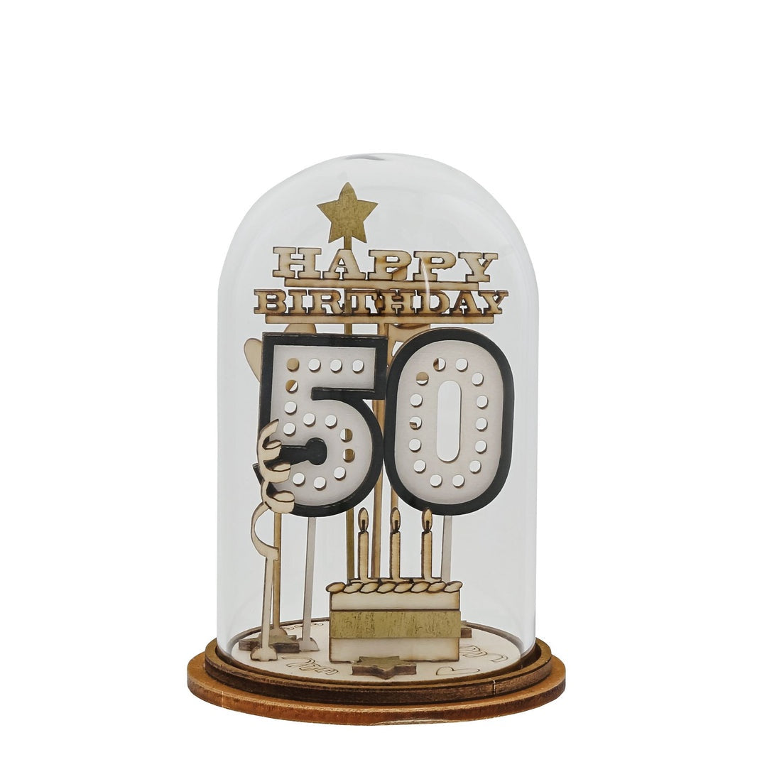 Ornament: Glass Dome Wood 50th Birthday  - Kloche