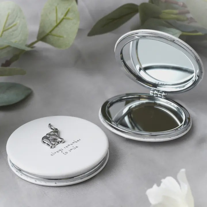Compact Mirror: Leatherette Elephant Silver Foil Always Remember To Smile - White