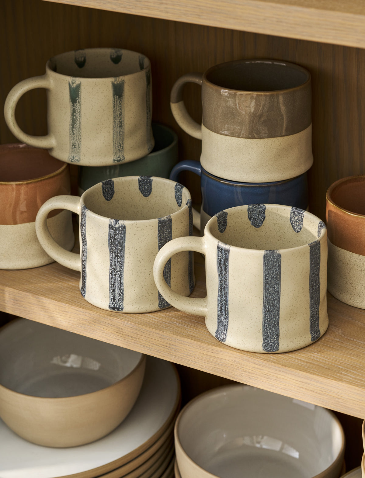 Mug: Stoneware Set Of 2 Hand Painted Striped - Ink - Garden Trading