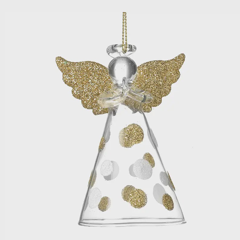 Christmas Tree Decoration: Glass Angel Spotty Skirt - Clear & Gold- Heaven Sends