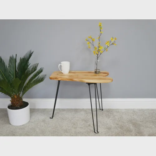 Side Table: Wood Abstract Top Industrial Black Metal Legs - Natural