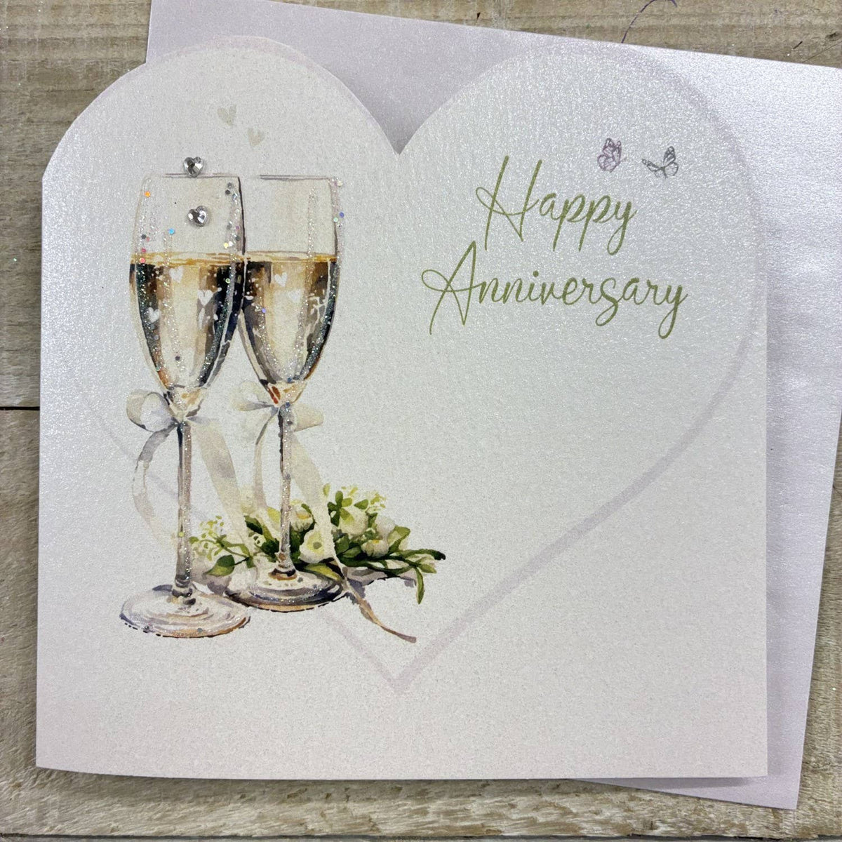 Anniversary Card:  Cut Out Heart With Champagne Glasses - White Cotton Cards