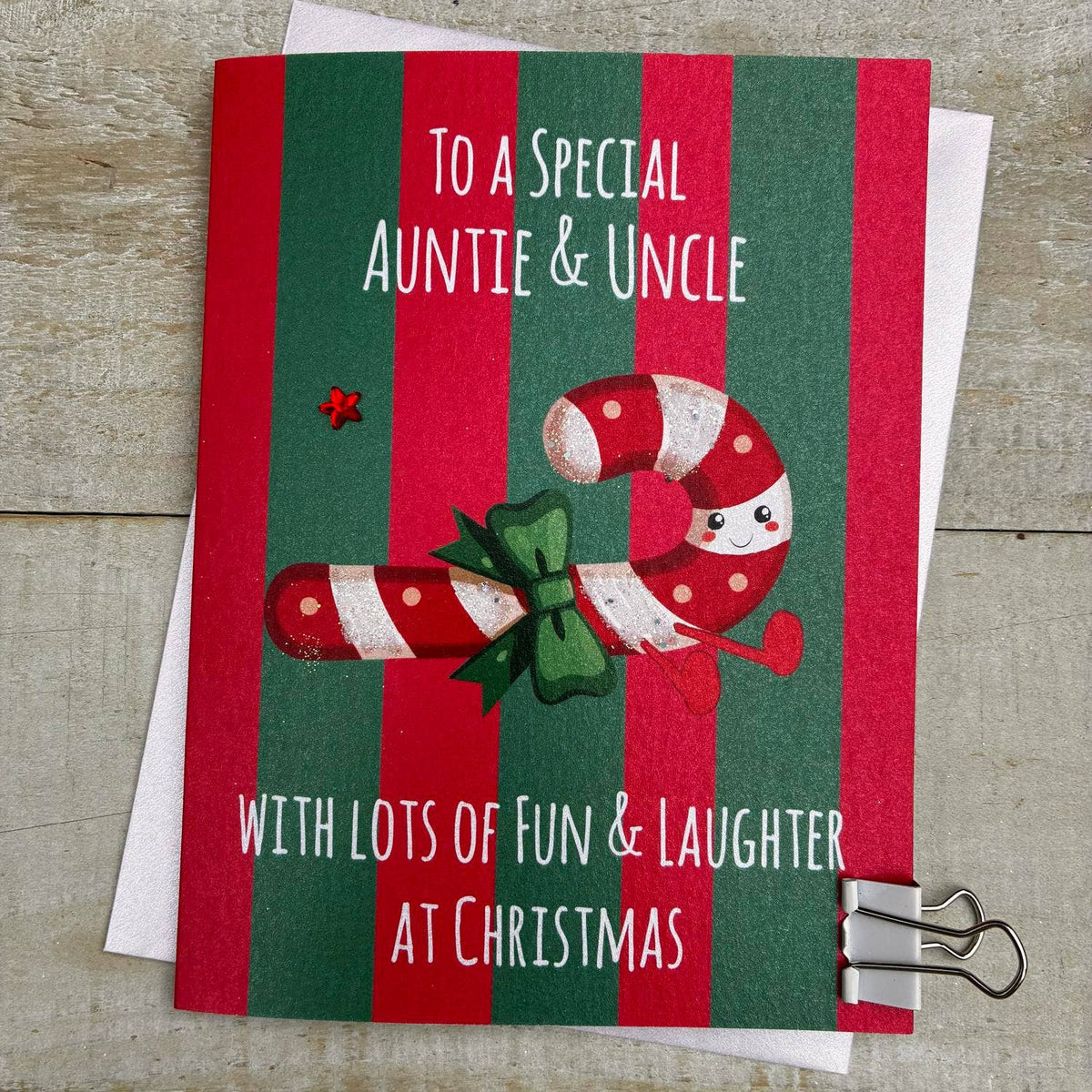 Christmas Card: Auntie & Uncle Candy Cane DOODLEBUG - White Cotton Cards
