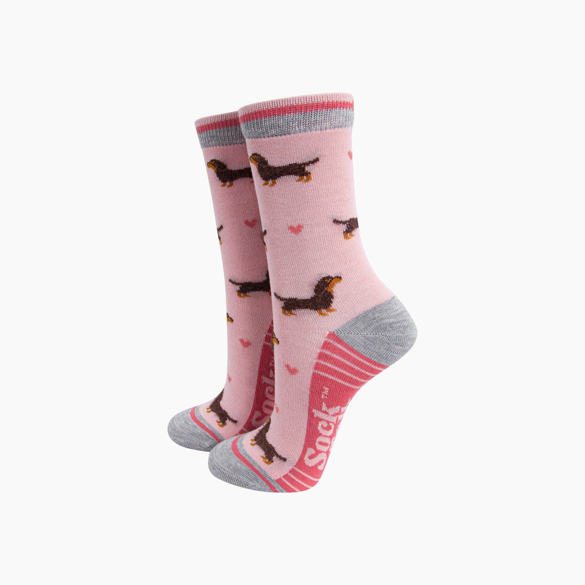 Ladies Socks:  Bamboo Sausage Dogs Hearts Fluffy - Pink - Sock Talk