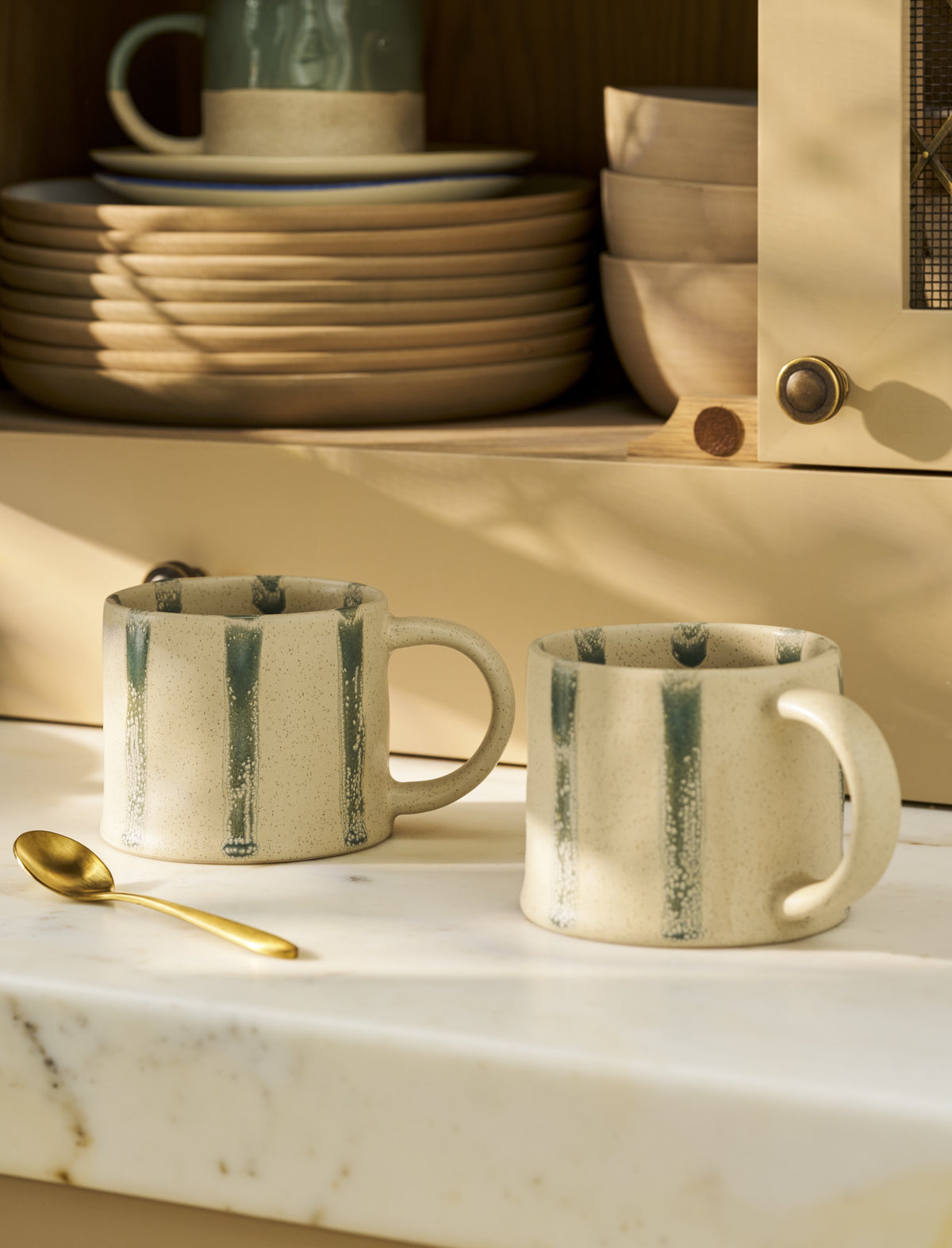 Mug: Stoneware Set Of 2 Hand Painted Striped - Rosemary - Garden Trading