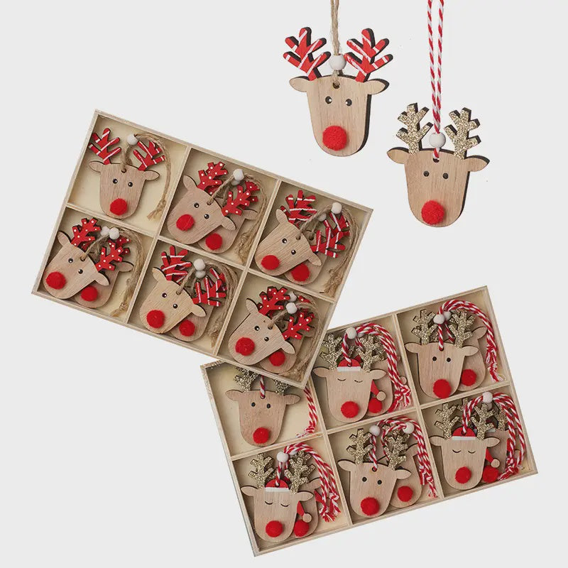Christmas Tree Decoration: Wood Reindeer Pom Pom Nose  - Natural - Heaven Sends