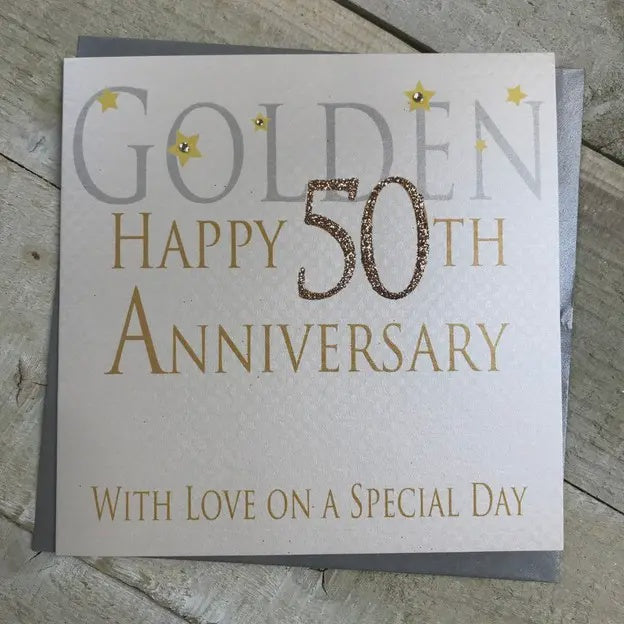 Anniversary Card: Golden 50th Handmade Crystals Glitter - Gold - White Cotton Cards