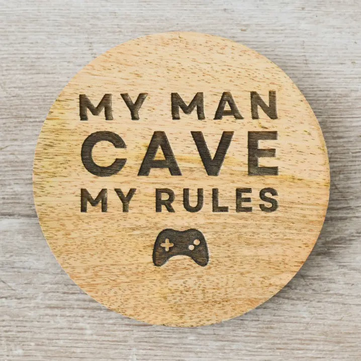 Coaster: Wood Round Man Cave My Rules - Brown - Gainsborough Giftware