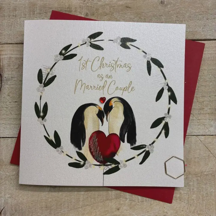 Christmas Card: First as A Married Couple - Penguins -  Hand Decorated- White Cotton Cards