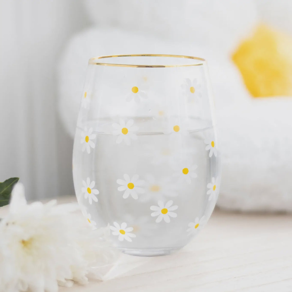 Stemless Wine Glass: Daisy Print Boxed - Pastel - Something Different