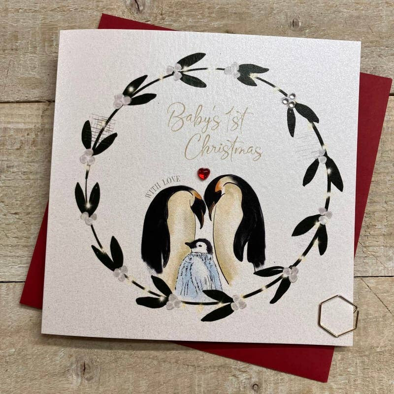 Christmas Card: Babys First Christmas Penguins Hand Decorated- White Cotton Cards