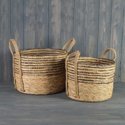 Basket: Straw Round Handles Stripes - Natural & Grey