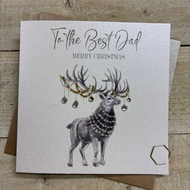Christmas Card: Merry Christmas To The Best Dad - Stag - Hand Decorated- White Cotton Cards