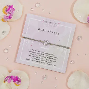 Carded Bracelet: String Diamante Diamond BEST FRIEND Message - Grey - Letter Box Love