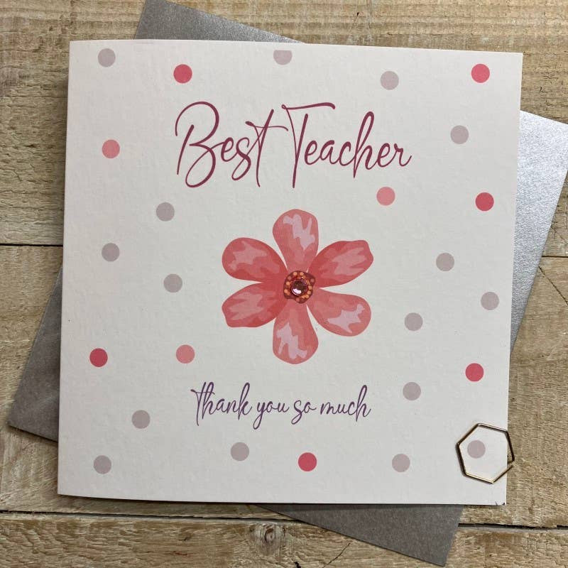 Thank You Teacher Card: Pink Flower - Hand Finished  - White Cotton