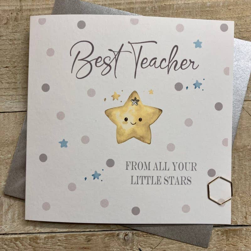 Thank You Teacher Card: From Your Little Stars - Hand Finished  - White Cotton