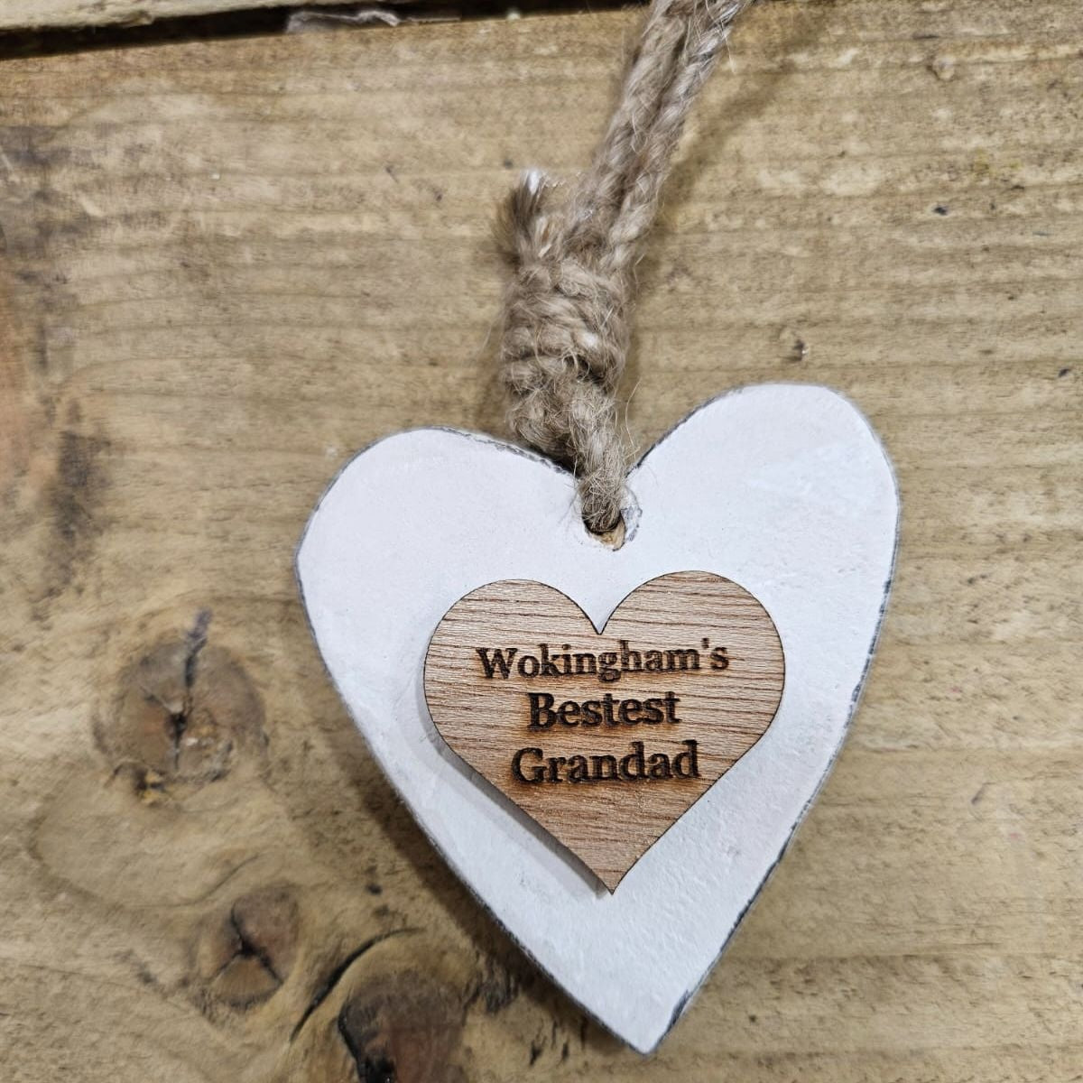 Chunky Wokinghams Bestest Grandad Hanging Heart Wood Sentiment Decoration - White w Natural  Heart Tag