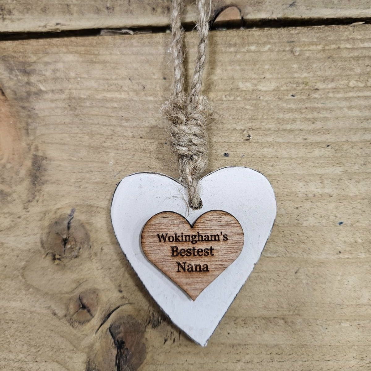 Chunky Wokinghams Bestest Nana Hanging Heart Wood Sentiment Decoration - White w Natural  Heart Tag