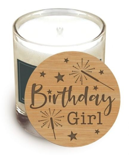 Candle Lid: Wood Engraved Message - Birthday Girl