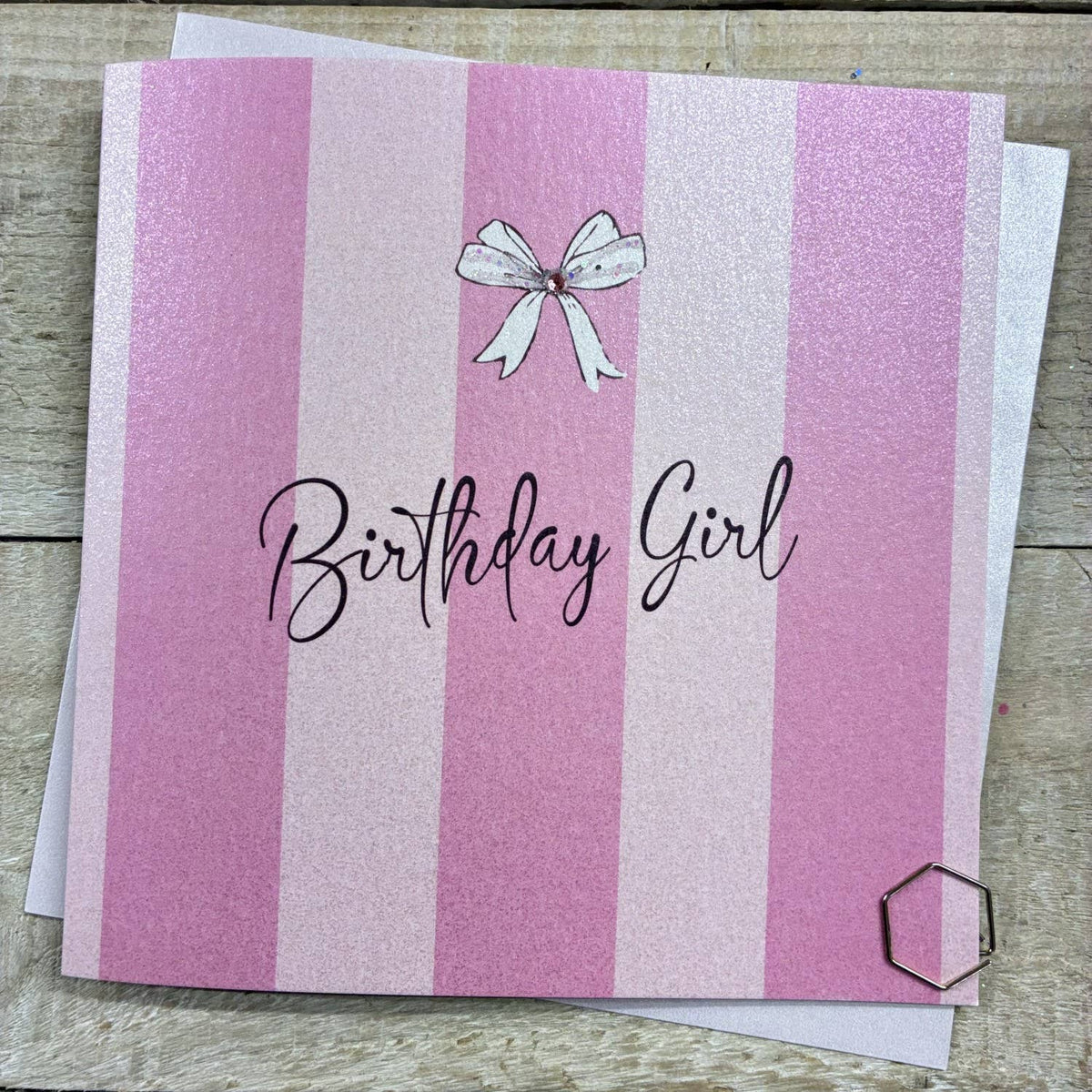Birthday Card: Birthday Girl Striped Pink Bow - Hand Finished Crystals & Glitter - White Cotton Cards