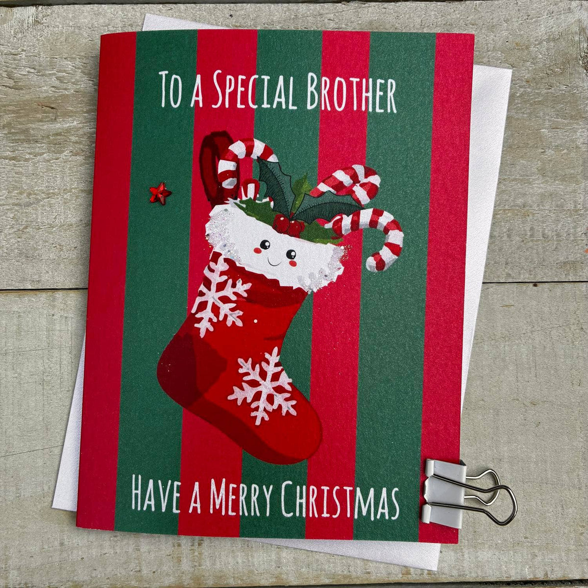 Christmas Card: To A Special Brother Stocking DOODLEBUG - White Cotton Cards