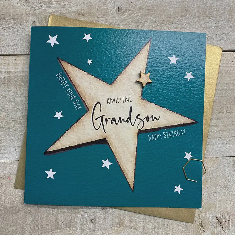 Grandson Card: Big Star Hand Finished Wooden Star - Blue -White Cotton Cards