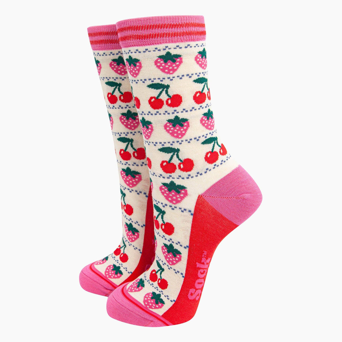 Ladies Socks:  Bamboo Strawberry Cherry Fair Isle -  Cream - Sock Talk
