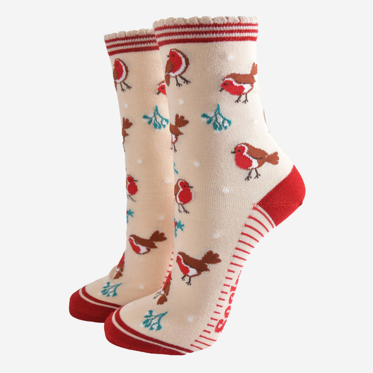 Ladies Socks: Bamboo Christmas Robin - Cream/Red - Sock Talk