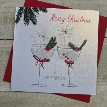 Christmas Card: Cocktail Glasses And Happy New Year  Hand Decorated- White Cotton Cards