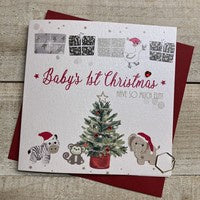 Christmas Card: Babys First Christmas Tree Hand Decorated- White Cotton Cards