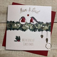 Christmas Card: Mum & Dad Robins With Love Hand Decorated- White Cotton Cards