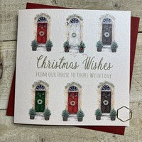 Christmas Card: Doors From Our House to Yours Hand Decorated- White Cotton Cards